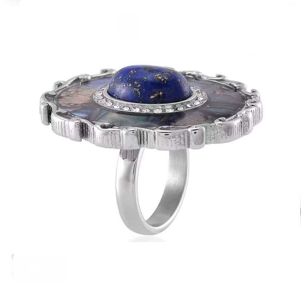 Abalone Shell Lapis Lazuli 3.00 ctw and Crystal Statement Ring Size 6 New - Picture 3 of 5